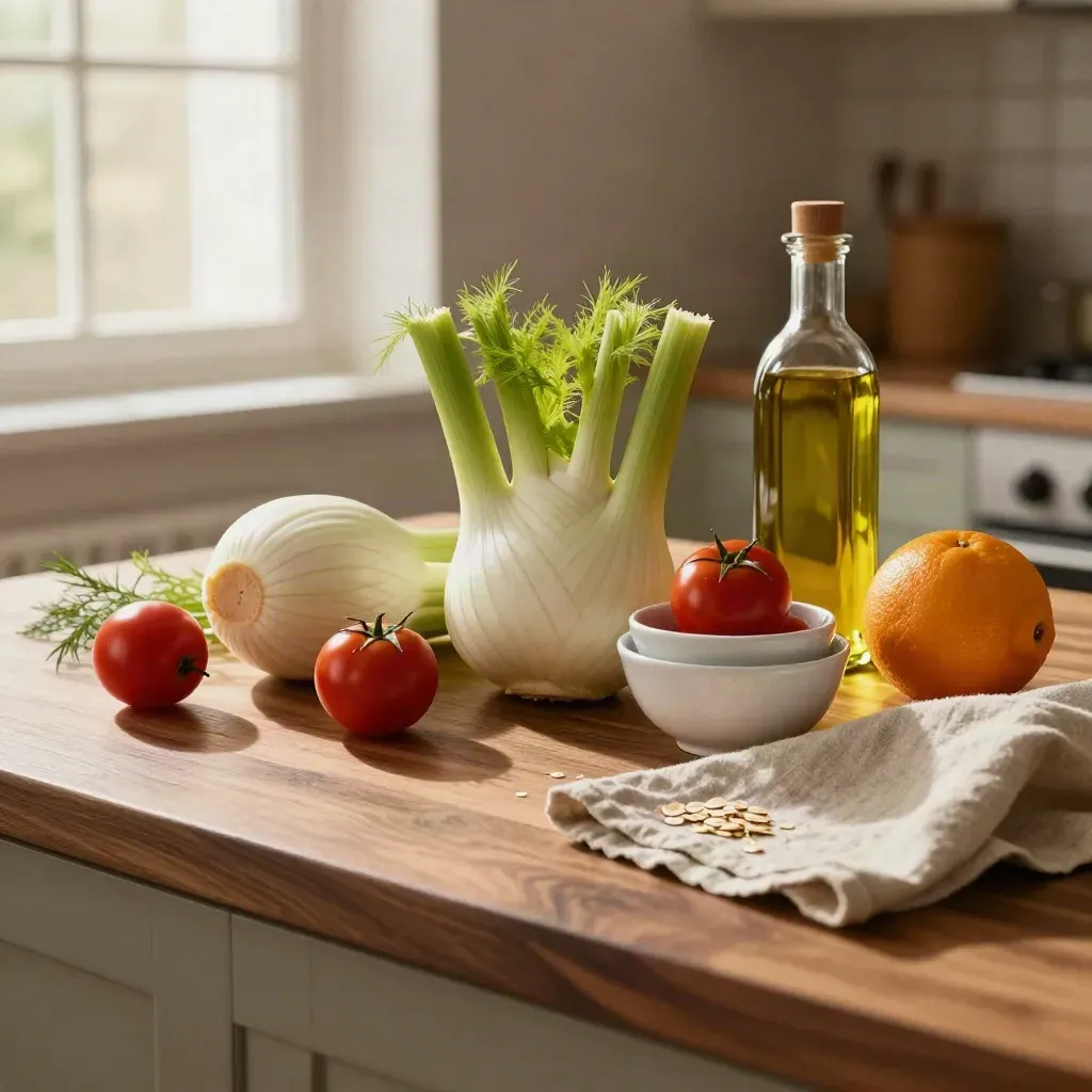 Finocchi, agrumi e pomodori su piano cucina con lino e olio d’oliva