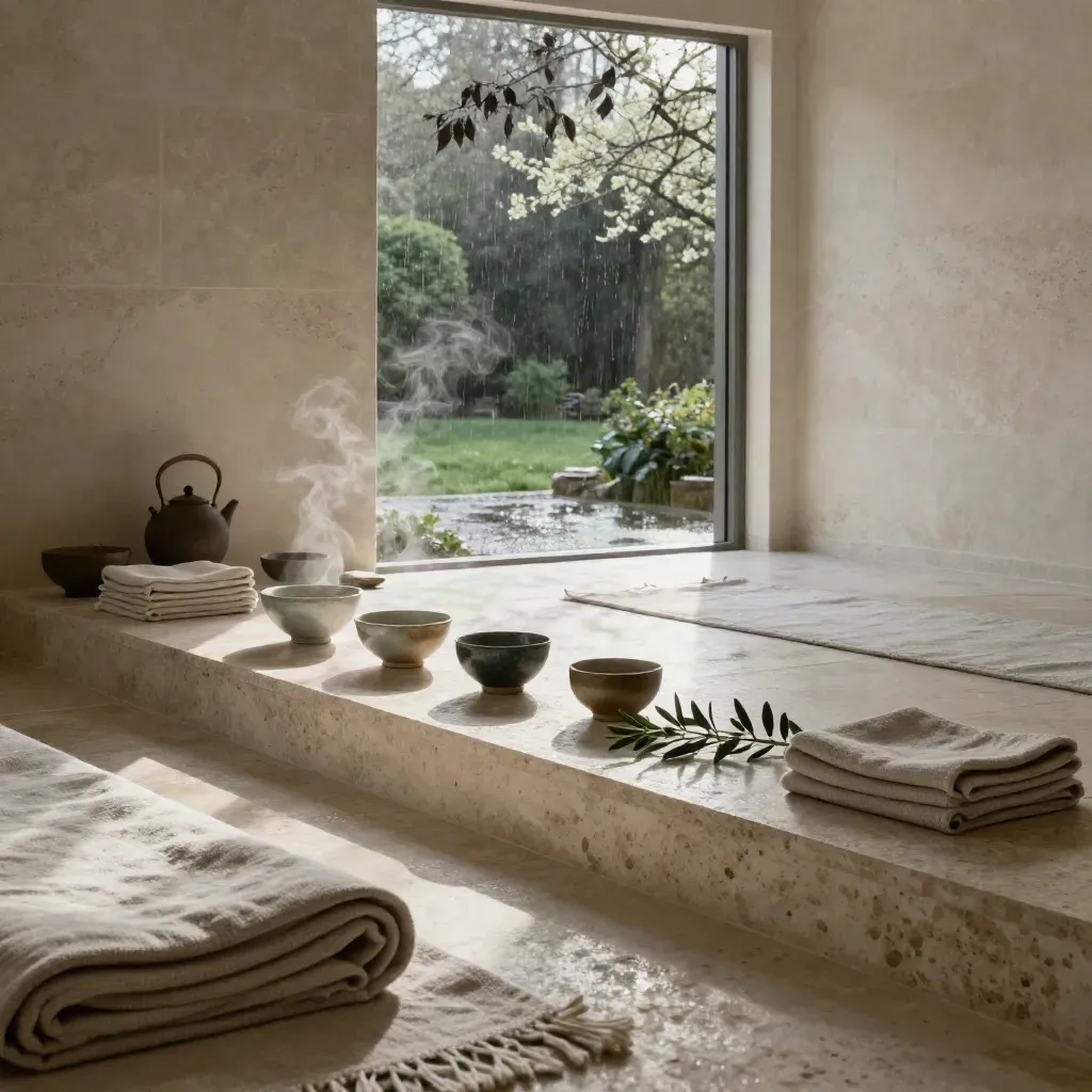 Studio benessere in pietra con teli di lino, tazze di ceramica e giardino bagnato dalla pioggia.
