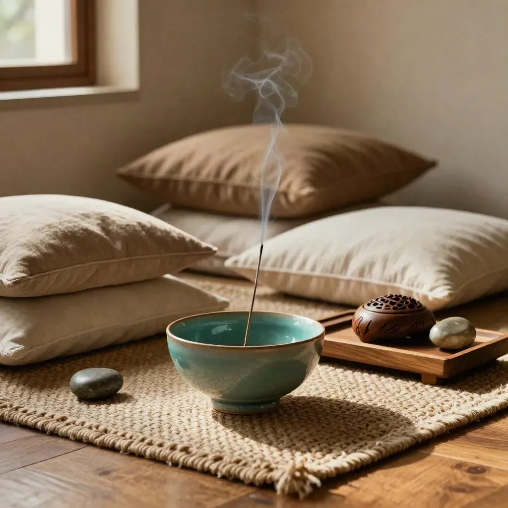 Angolo benessere con cuscini, ciotola ceramica, bruciatore in legno e fumo d’incenso.