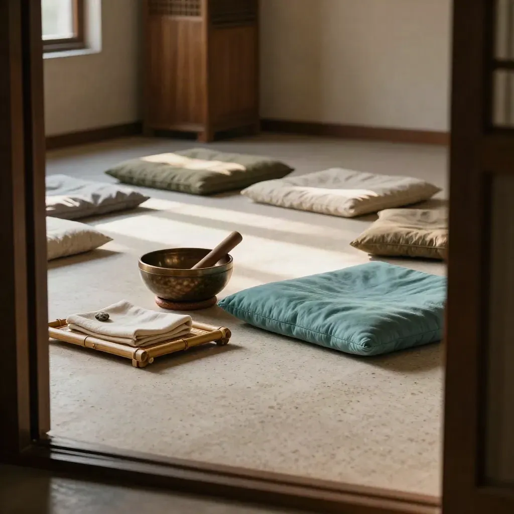 Sala meditativa con cuscini, ciotola sonora e vassoio in bambù, luce drammatica e quieta.