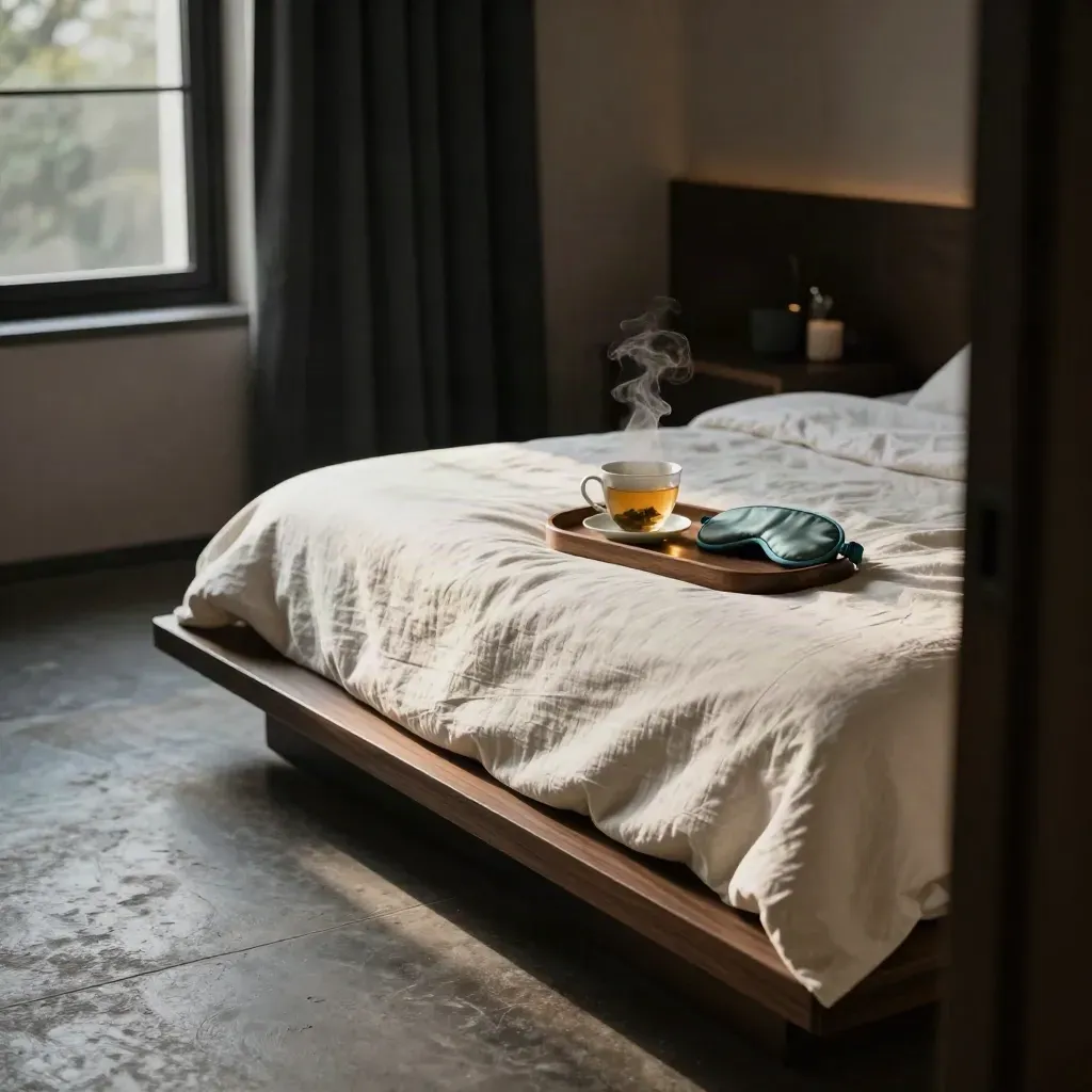 Camera da letto pronta al riposo con lino, tisana, mascherina e tende socchiuse.