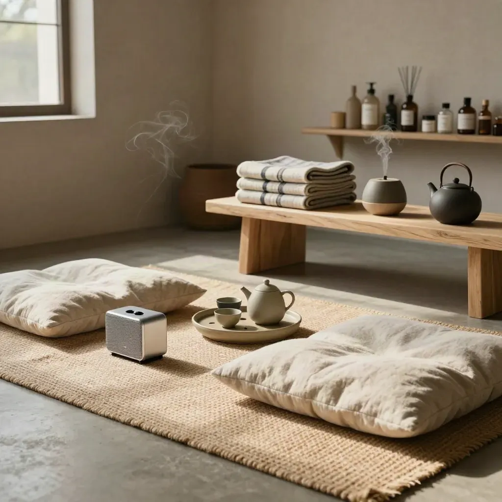 Sala wellness pronta per workshop remoto con cuscini, speaker, plaid e tè in luce soffusa.