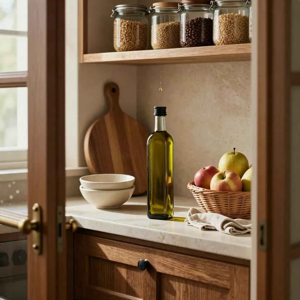 Cucina ordinata con olio d’oliva, barattoli in vetro e ciotole impilate in luce mattutina.