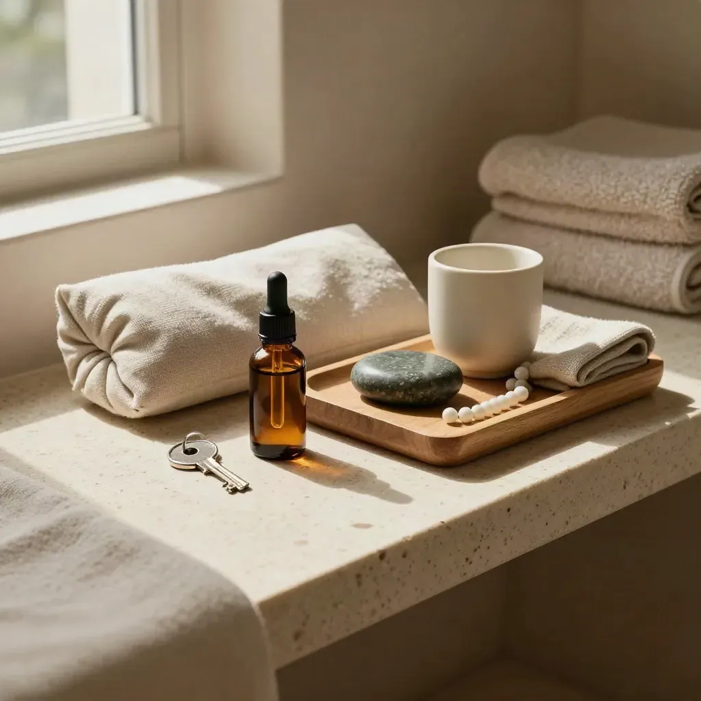 Kit benessere con oli, pietre basaltiche, cuscino occhi in lino e tazza su travertino.
