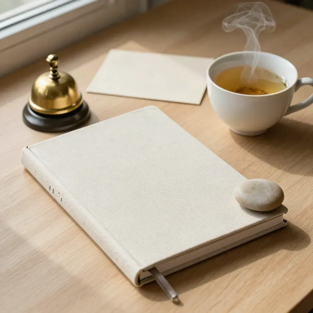Quaderno in lino, campanello in ottone, tazza di tè e pietra su legno chiaro